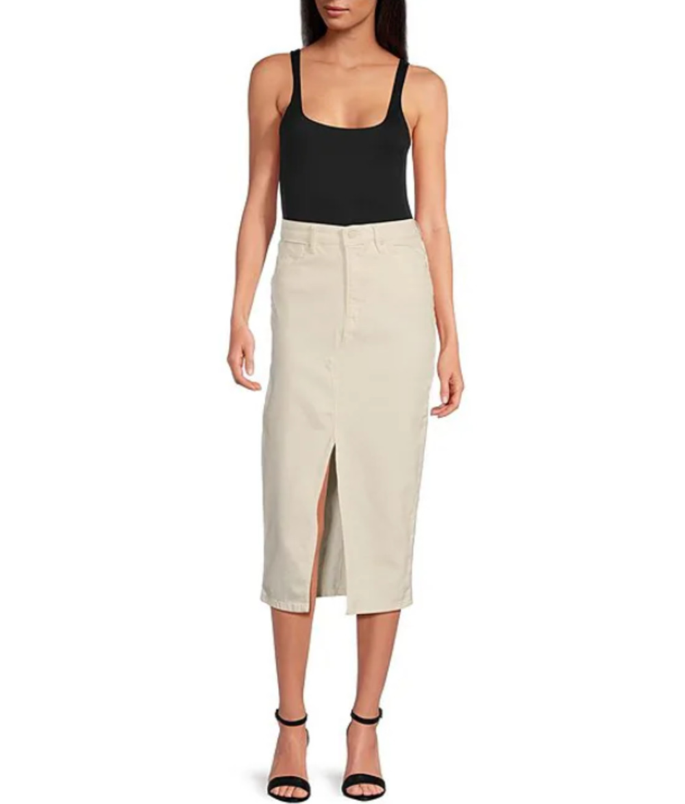 Good American Black Scoop Neck Bodysuit with Cream Midi Skirt